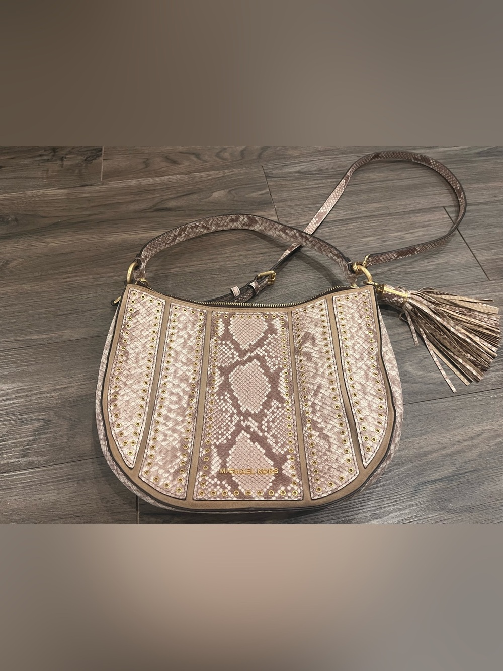 MICHAEL KORS Blush Pink Faux Snake Skin Studded Hobo Bag w Detachable Strap
